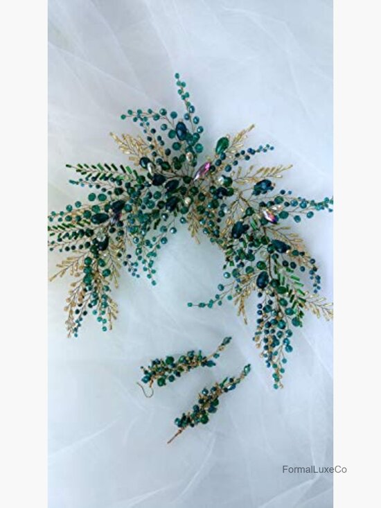 Vintage Green Beads Headpiece with Earrings Gold Headband Wedding Hair main image 3